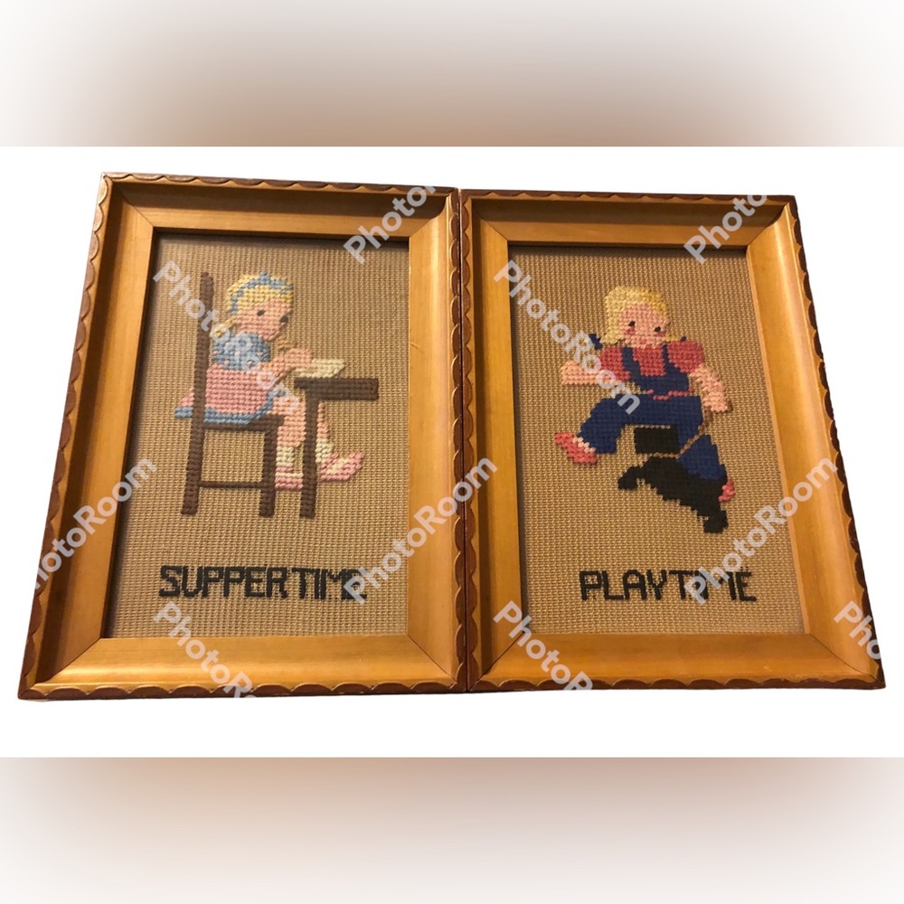 vintage framed needlepoint Playtime Suppertime Eatons The Bay wood frames 7X10”